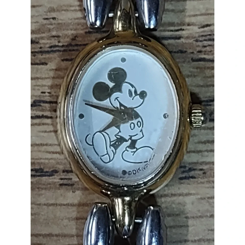Vintage 90s Disney Mickey Mouse Two Tone Oval Watch Woman's Swiss Movt